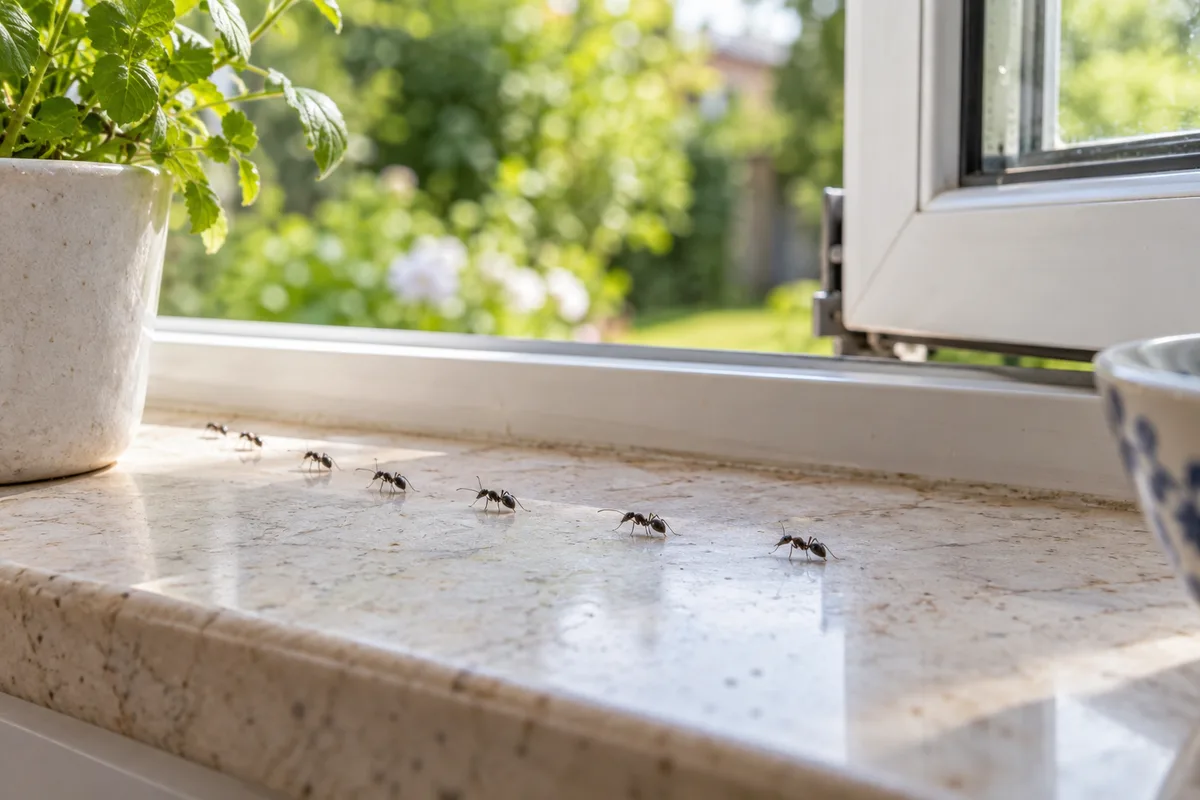 Illustrative ant trail on a light kitchen windowsill