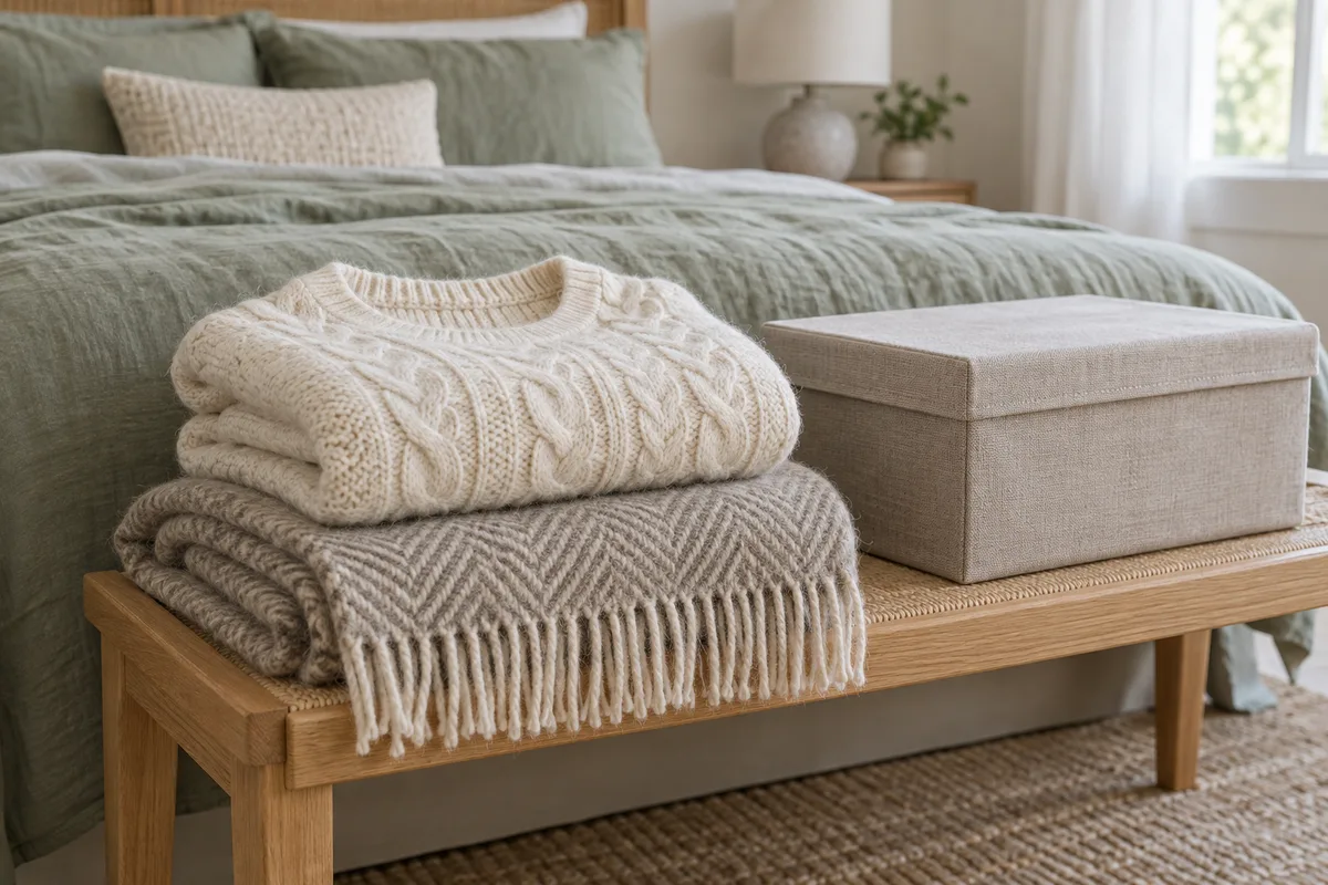 Illustrative wool clothing and a storage box beside a bedroom bench