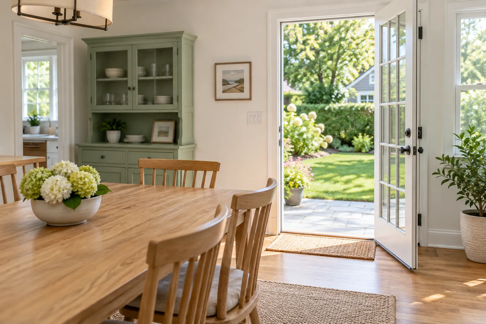 Illustrative bright home with a garden-facing door