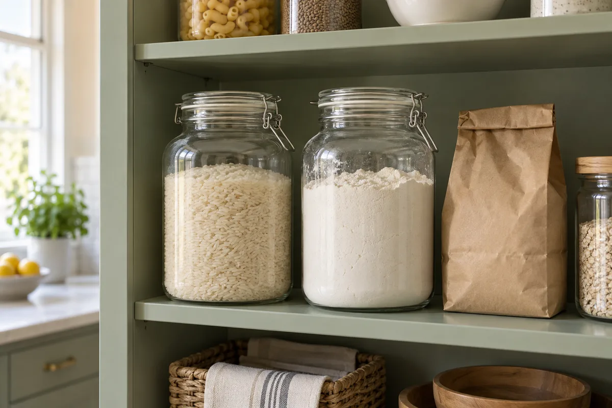 Illustrative pantry shelf with sealed jars and stored dry food