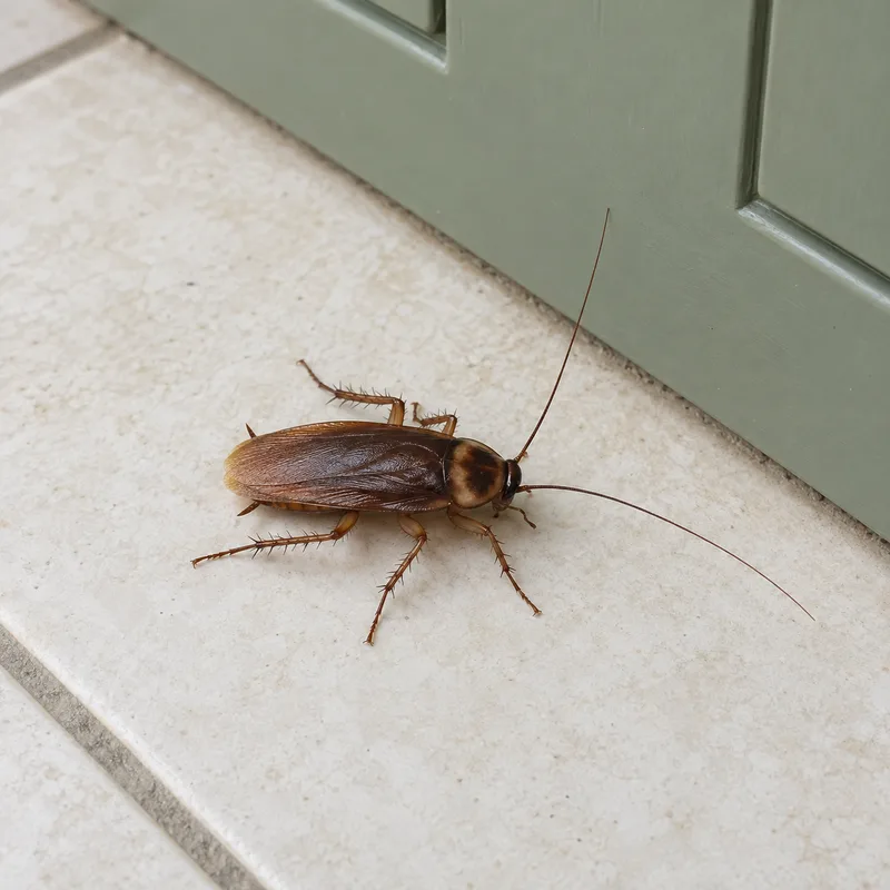 Illustrative cockroach beside a kitchen cabinet