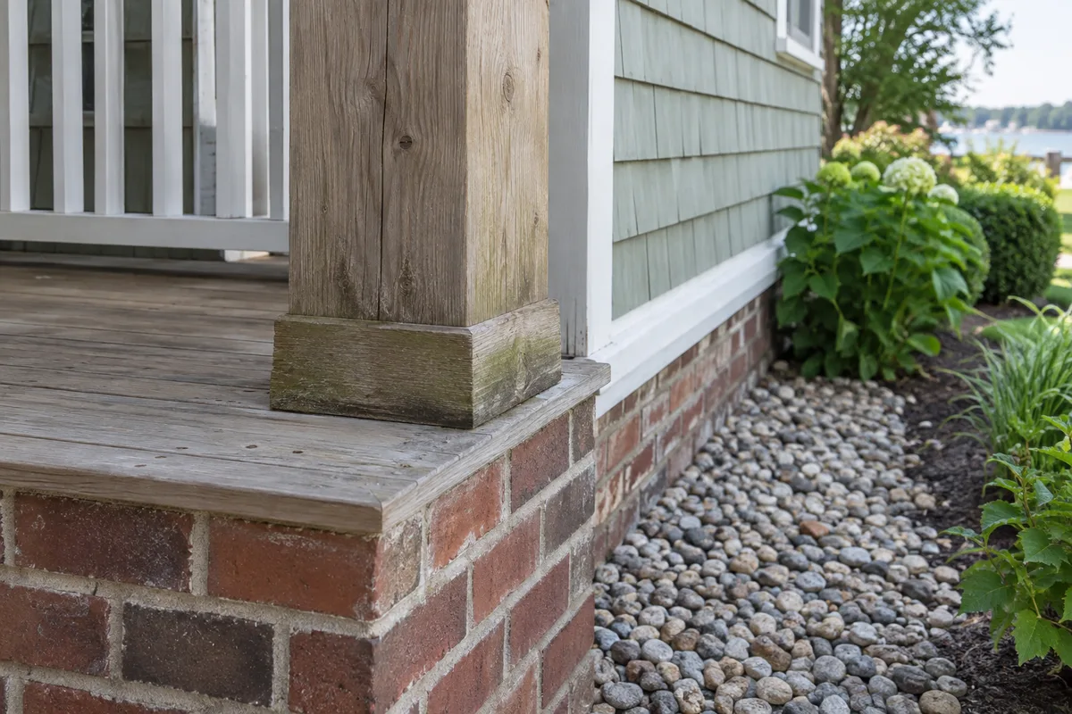 Illustrative timber porch post beside a brick foundation